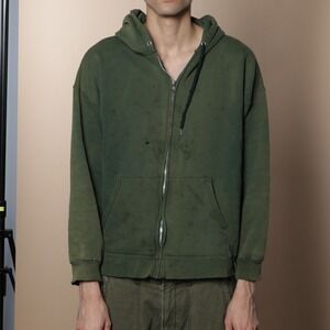 Vintage Distressed Sunfaded Hanes Mens Olive Green Full Zip Hoodie Casual